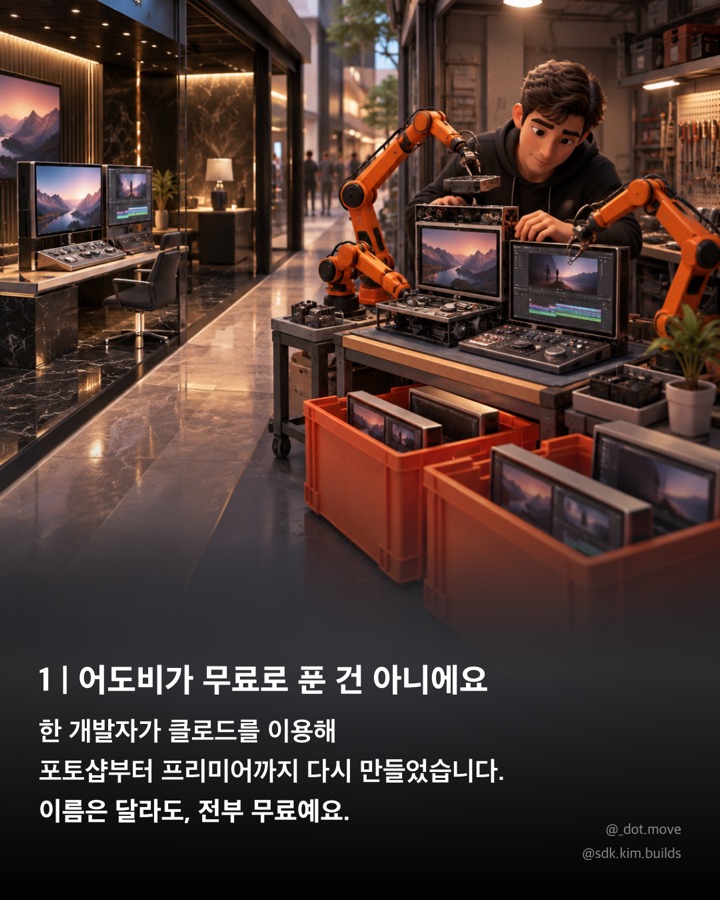 어도비가 무료로 푼 건 아니에요. 한 개발자가 클로드로 포토샵부터 프리미어까지 다시 만들었습니다