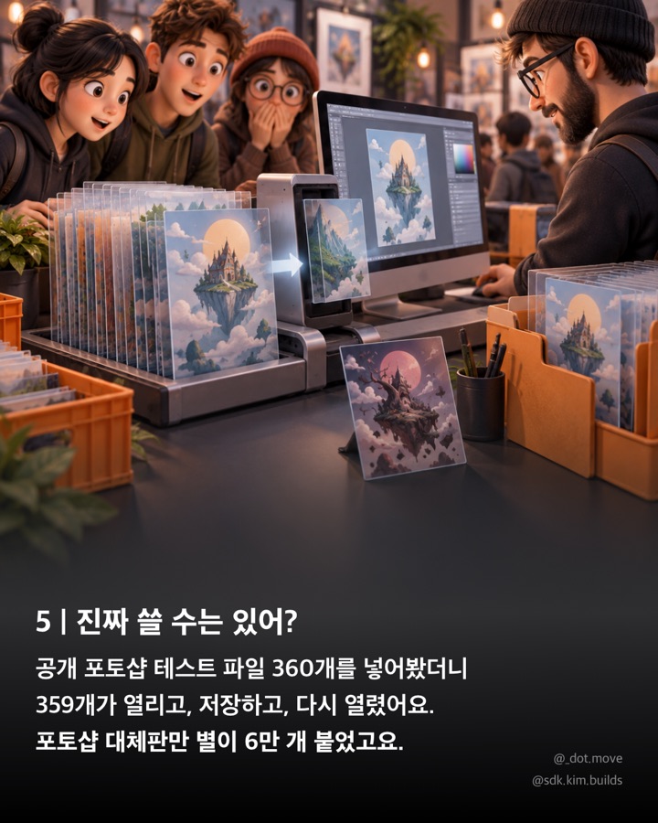 공개 포토샵 테스트 파일 360개 중 359개가 열리고 저장되고 다시 열렸다